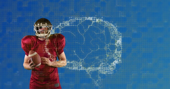 Image of digital brain spinning over male american football player holding ball