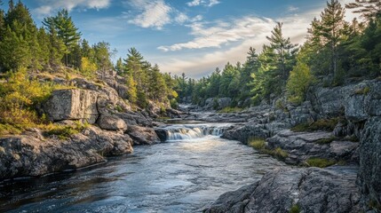 Obraz premium Scenic river flowing through rocky terrain with lush green forest landscape