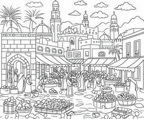 Fototapeta premium A market scene bustling with Ramadan shoppers, coloring page for kids, simple outline illustration. Coloring book.