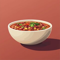 Pixel art illustration of a bowl of chili. The chili is red and brown and contains beans, corn, and other vegetables. The bowl is white and sits on a terracotta background.