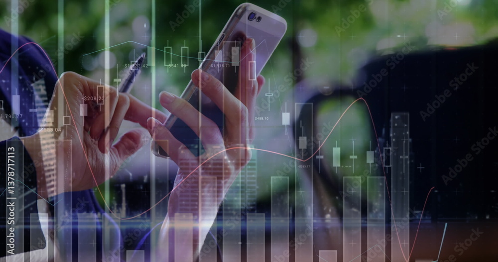 Poster image of statistics and data processing over man using smartphone