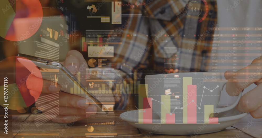 Poster image of statistics and data processing over man using smartphone