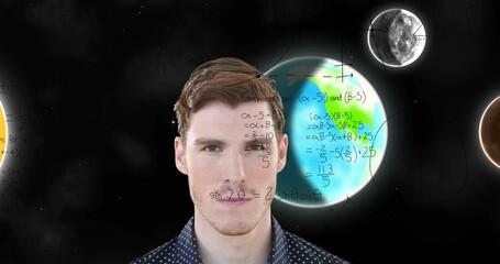 Image of businessman over equations and solar system