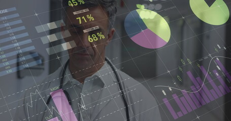 Image of statistics and data processing over male doctor