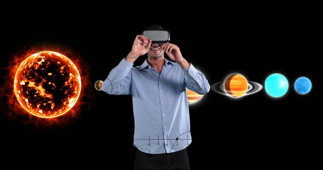 Image of businessman wearing vr headset over equations and solar system