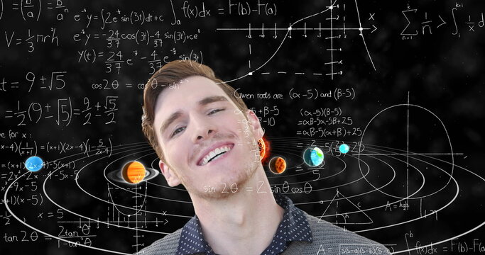 Image of businessman over equations and solar system