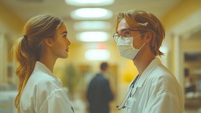 two young doctors or medical staff wearing white uniform talking at a hospital corridor.