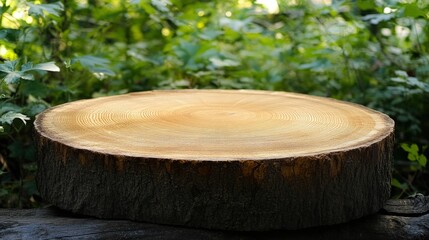 Wooden log slice product display mockup nature forest outdoor platform