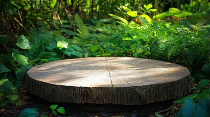 Fototapeta premium Wooden log platform in forest for product display and nature photography