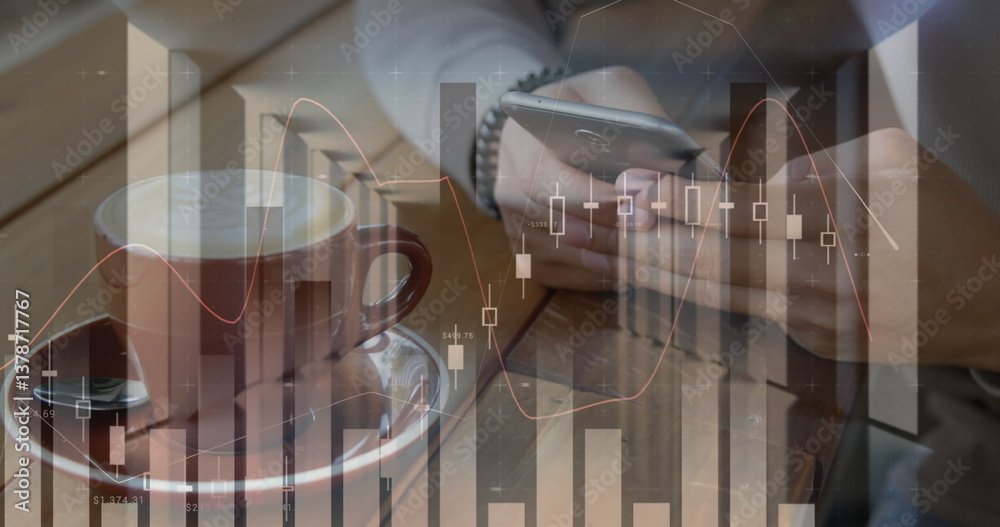 Poster image of statistics and data processing over man using smartphone