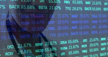 Image of statistics and data processing over female doctor