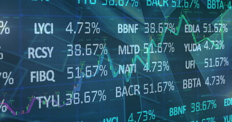 Image of statistics and data processing on blue background