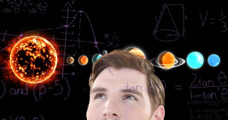 Image of businessman over equations and solar system
