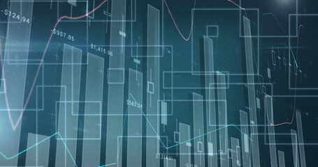 Image of statistics and data processing on blue background