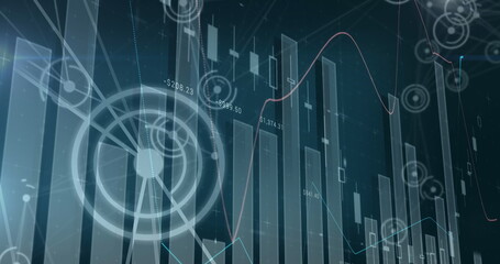 Image of statistics and data processing on blue background