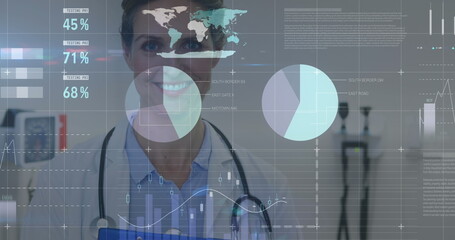 Image of statistics and data processing over female doctor