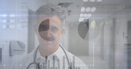 Image of statistics and data processing over male doctor