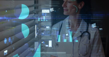 Image of statistics and data processing over female doctor