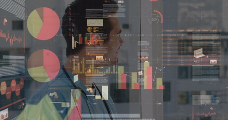 Image of statistics and data processing over male doctor