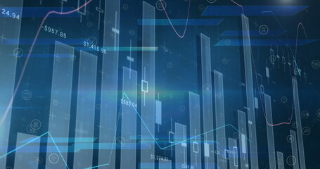 Image of statistics and data processing on blue background