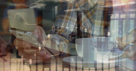 Image of statistics and data processing over man using smartphone