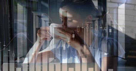 Image of statistics and data processing over woman using laptop