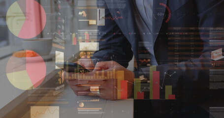 Image of statistics and data processing over man using smartphone