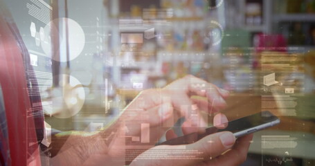 Image of statistics and data processing over woman using smartphone