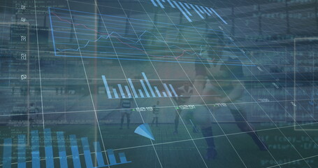 Image of data processing over rugby players during rugby match in sports stadium