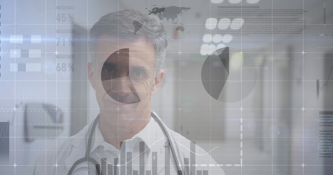 Image of statistics and data processing over male doctor