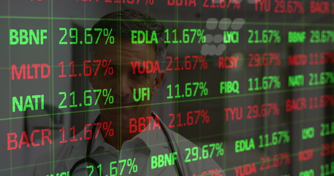 Image of statistics and data processing over male doctor