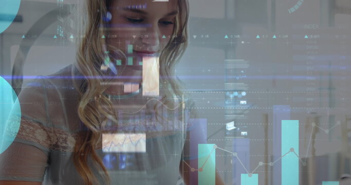 Image of statistics and data processing over woman using smartphone