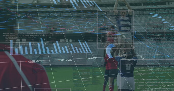 Image of data processing over rugby players during rugby match in sports stadium