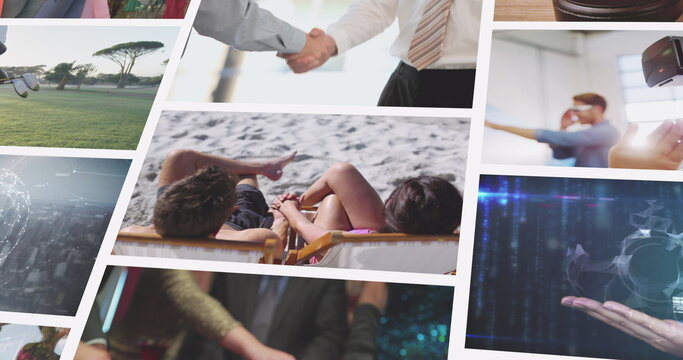 Nine composite screens, including business handshake, couple on beach, digital technology and gavel - Powered by Adobe