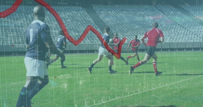 Image of red line and data processing over rugby players during rugby match in sports stadium