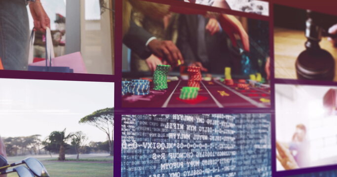 Nine composite screens, including gambling, shopping, digital technology and gavel - Powered by Adobe