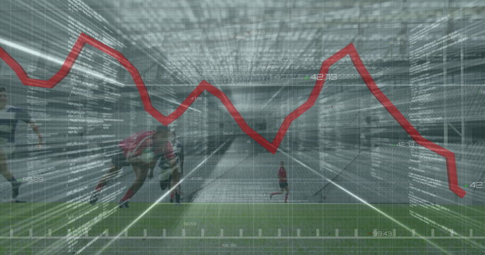 Image of red line and data processing over rugby players during rugby match in sports stadium