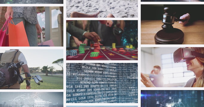 Nine composite screens, including data processing, vr, golf player, digital technology and gavel