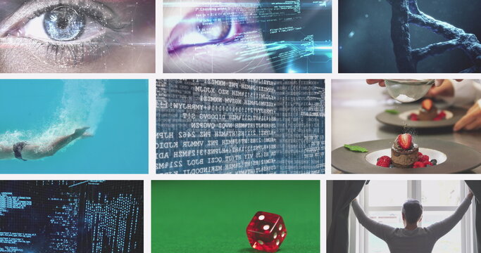 Nine composite screens, including eyes, digital technology, dna, dice, data processing and swimmer - Powered by Adobe