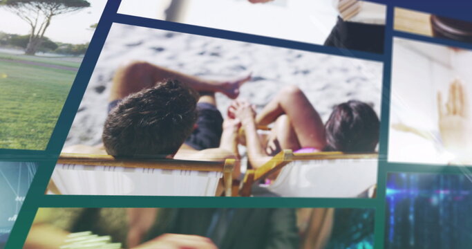 Scrolling composite screens, including couple on beach, digital technology and handshake