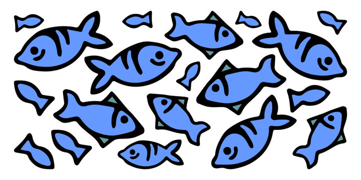 Vector horizontal banner, with fish of different sizes, on a white isolated background