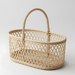 Fototapeta premium Handcrafted Woven Rattan Basket – Oval Shape with Intricate Lattice Pattern and Sturdy Handle