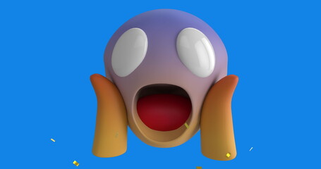 Digital image of golden confetti falling over surprised face emoji against blue background