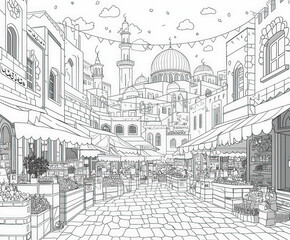 Fototapeta premium A vibrant marketplace preparing for Eid celebrations, coloring page for kids, simple outline illustration. Coloring book.
