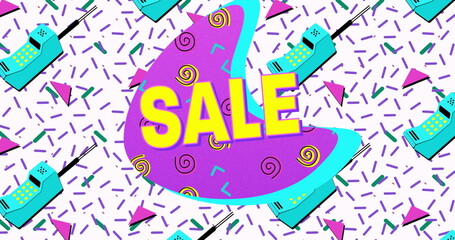 Sale text on purple banner against multiple telephone icons in seamless pattern on white background