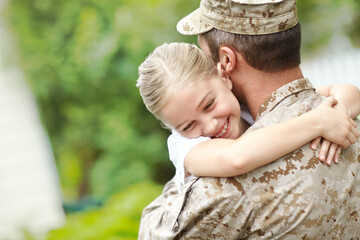 Outdoor, soldier and reunion with daughter, smile and excited for dad, hug and hero with love of girl. Family, child and parent from military, embrace and father with care, home and man after war