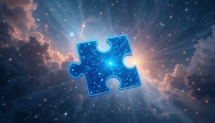 Floating Puzzle Piece with Glowing Lines in Cosmic Sky Background