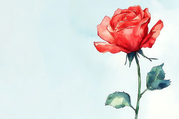 Fototapeta premium Watercolor painting of a single red rose with green leaves against a pale blue background.
