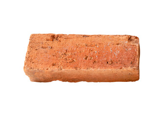 Side view of single cracked old red or orange brick isolated with clipping path in png file format