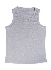 studio shot of simple grey sleeveless t-shirt showing its simple design and neutral color suitable for everyday wear or as underwear, isolated on clean white background,